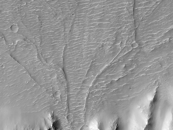 A Martian alluvial fan on the floor of a 60-kilometer (38-mile) crater near the equator of Mars. Scientists commonly study these features to learn more about the Red Planet's wet past. Credit: NASA/JPL/University of Arizona