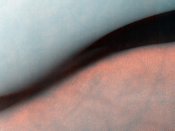 This image from Mars shows a variety of sandy features: ripples, transverse aeolian ridges (which are larger and lighter), dunes (dark) and draa (very large bedforms that are greater than 1 kilometer or 0.62 miles). Credit: NASA/JPL/University of Arizona