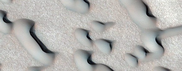Dunes migrating across the surface of Mars. Picture taken by the HiRISE camera on the Mars Reconnaissance Orbiter. Credit: NASA/JPL/University of Arizona