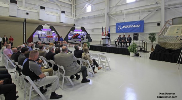 US Senator Bill Nelson (FL) addresses crowd at unveiling ceremony for Boeing’s CST-100 manned capsule to the ISS at the Kennedy Space Center, Florida on June 9, 2014. Credit: Ken Kremer - kenkremer.com
