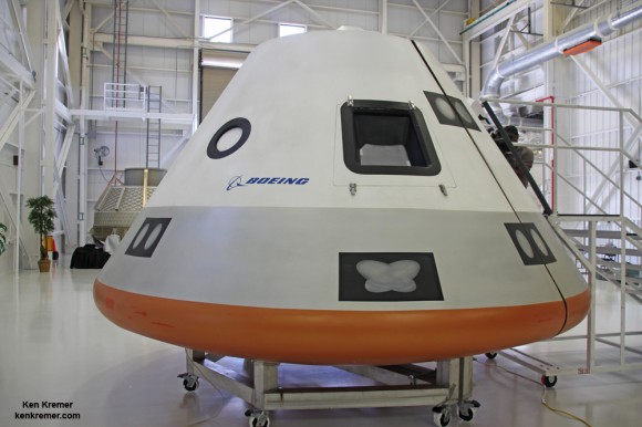 Boeing CST-100 crew capsule will carry five person crews to the ISS. Credit: Ken Kremer - kenkremer.com