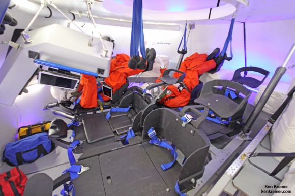 Boeing unveiled full scale mockup of their commercial CST-100 'Space Taxi' on June 9, 2014 at the Kennedy Space Center in Florida. The private vehicle will launch US astronauts to low Earth orbit and the ISS from US soil. Credit: Ken Kremer - kenkremer.com