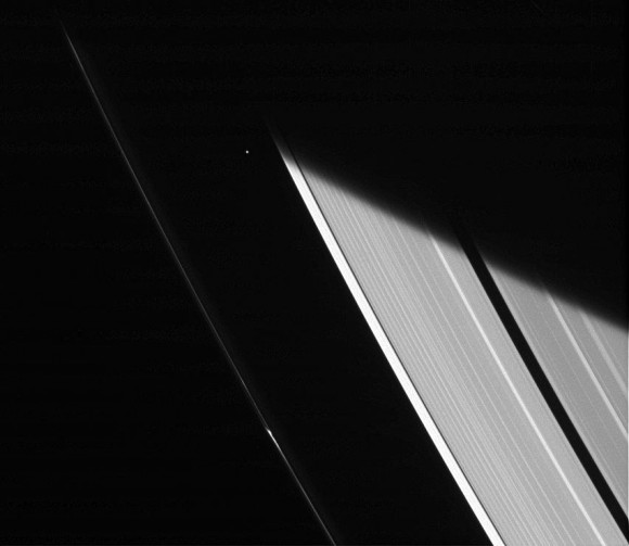 Saturn's moon Atlas peeks out between the rings in this Cassini shot taken Jan. 23, 2014. Credit: NASA/JPL-Caltech/Space Science Institute