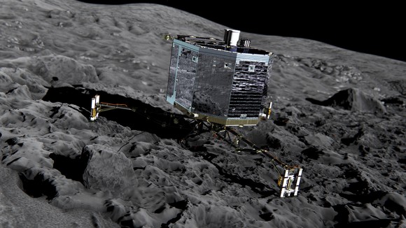 Artist's impression (from 2013) of the Philae lander on the surface of Comet 67P/Churyumov-Gerasimenko. Credit: ESA/ATG medialab