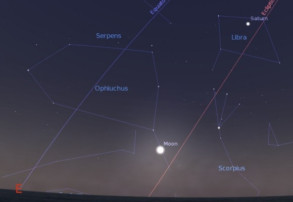 The rising Moon just hours before Full on Thursday June 12th. Note Saturn to the upper right. Created using Stellarium.