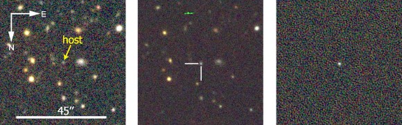 Before (left) and after (center) images of the region where DES13S2cmm was discovered. On the right is a subtraction of these two images, showing a bright new object at the center -- a supernova. Credit: Dark Energy Survey