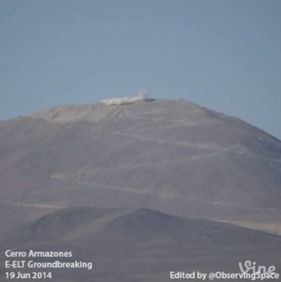The top of Cerro Armazones in Chile is blown off June 19, 2014 for the European Extremely Large Telescope. Credit: Vine / ObservingSpace