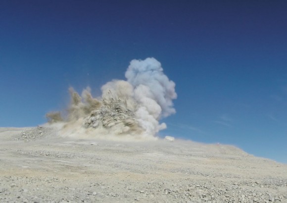 About 5,000 cubic meters of rock blasts into the air in this photo taken from a few hundred meters away. Credit: ESO