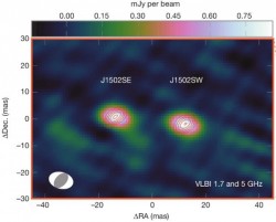 The inner pair of black holes of the triple system as seen by the European VLBI Network (EVN). Contours show radio emission at 1.7 GHz, the colour scale show radio emission at 5 GHz frequency. Credit: R.P. Deane et al.