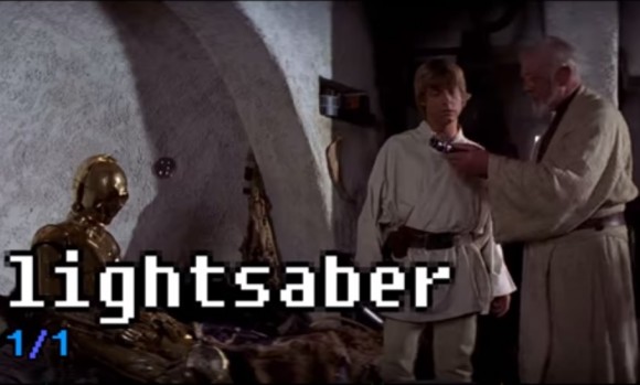 The word "lightsaber" only appears once in the first Star Wars movie. Credit: Lucasfilm/Twentieth Century Fox Film Corp./Tom Murphy/YouTube