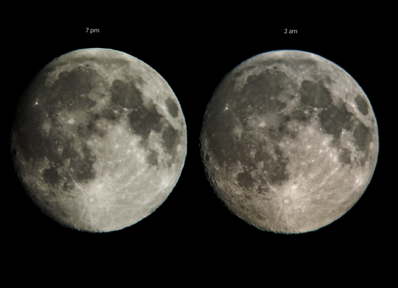 Two views of the the 13-day old Moon on June 11, 2014 at 7 pm and 2 am local time, as seen from Lahore, Pakistan. Credit and copyright: Roshaan Bukhari.