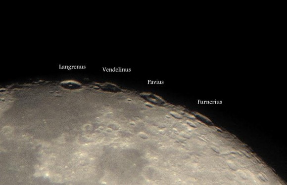 A closeup of four craters that appear on the limb of the Moon. Credit and copyright: Roshaan Bukhari.