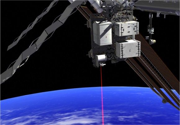 Artist's conception of how the Optical Payload for Lasercomm Science (OPALS) beams information from the International Space Station. Credit: NASA