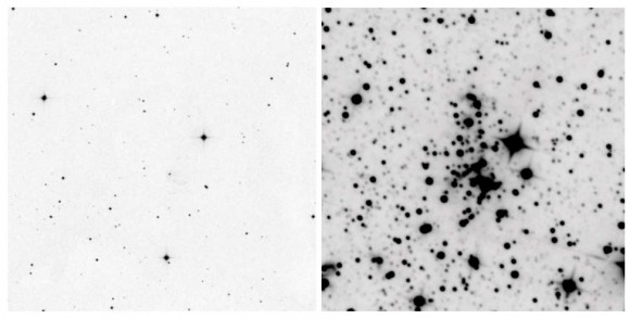 An optical (DSS) and infrared (WISE) image of the same field. A cluster of young stars is not apparent in the optical (left) image owing to obscuration by dust. However, a young star cluster is apparent in the right image because the dust reradiates the absorbed radiation in the infrared regime. The new study highlights the discovery of numerous star clusters discovered using infrared (WISE) data (image credit: DSS/NASA and assembly by D. Majaess).