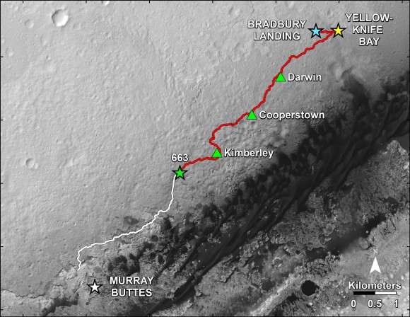 This map shows in red the route driven by NASA's Curiosity Mars rover from the "Bradbury Landing" location where it landed in August 2012 (blue star at upper right) to nearly the completion of its first Martian year. The white line shows the planned route ahead. Image Credit: NASA/JPL