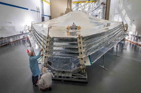 Sunshield test unit on NASA's James Webb Space Telescope is unfurled for the first time at Northrup Grumman. Credit: NASA