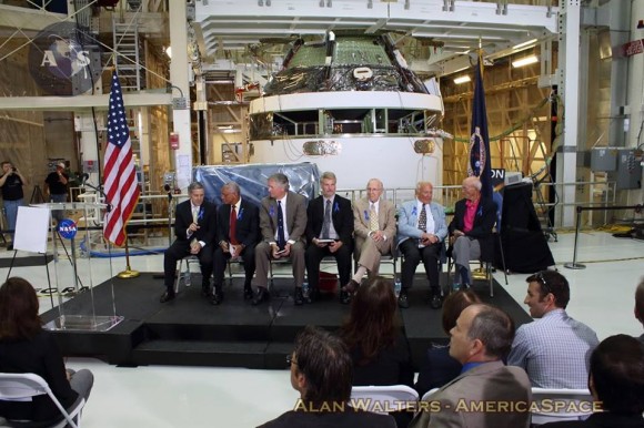 Dignitaries at the July 21, 2014 renaming ceremony included Kennedy Space Center Director Bob Cabana, NASA Administrator Charlie Bolden, sons Rick Armstrong and Mark Armstrong, Apollo 13 Commander James Lovell, and Apollo 11 crewmates Buzz Aldrin and Michael Collins. Photo Credit: Alan Walters/AmericaSpace