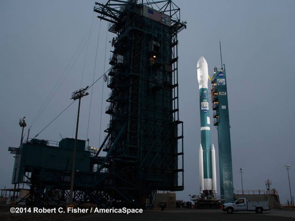 Prelaunch view of NASA’s Orbiting Carbon Observatory-2 and United Launch Alliance Delta II rocket unveiled at Space Launch Complex 2 at Vandenberg Air Force Base in California. Credit: Robert Fisher/America/Space