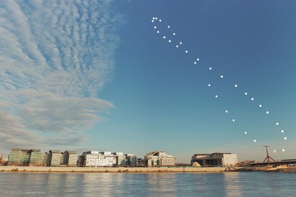 An analemma of the Sun, taken from Budapest, Hungary over a one year span. (Courtesy of György Soponyai, used with permission).