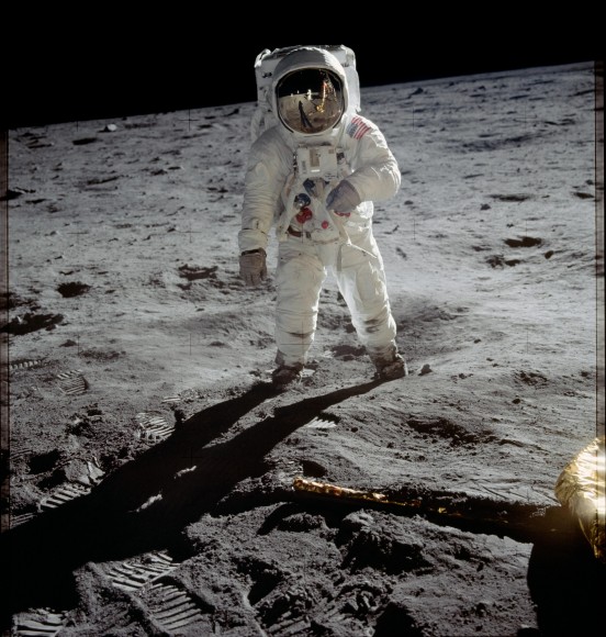 Aldrin on the Moon. Astronaut Buzz Aldrin walks on the surface of the moon near the leg of the lunar module Eagle during the Apollo 11 mission. Mission commander Neil Armstrong took this photograph with a 70mm lunar surface camera. While astronauts Armstrong and Aldrin explored the Sea of Tranquility region of the moon, astronaut Michael Collins remained with the command and service modules in lunar orbit. Image Credit: NASA