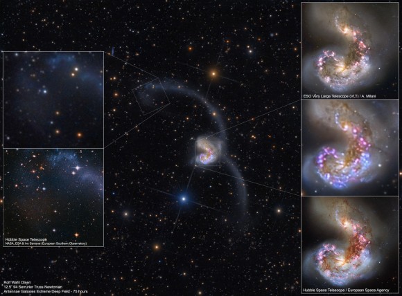Comparison images from the Hubble Space Telescope and the Very Large Telescope, compared with the 75-hour ultra-deep image by Rolf Wahl Olsen. Credit and copyright: Rolf Wahl Olsen.