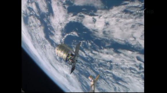 Orbital Sciences' Cygnus cargo craft approaches the ISS on July 16, 2014 prior to Canadarm2 grappling and berthing. Credit: NASA TV