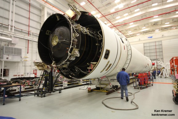 1st and 2nd stage of Orbital Sciences Antares rocket set for blast off on July 11, 2014 on the Orb-2 mission from NASA’s Wallops Flight Facility in Virginia, bound for the ISS. The rocket undergoes processing at the Horizontal Integration Facility at NASA Wallops during visit by Universe Today/Ken Kremer. Credit: Ken Kremer - kenkremer.com