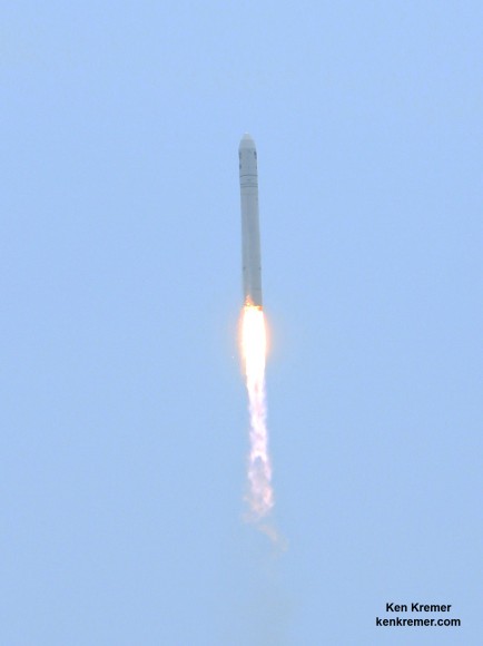 Antares zooms to orbit after launch on July 13  2014 from Launch Pad 0A at NASA Wallops Flight Facility , VA, on the Orb-2 mission and loaded with over 3000 pounds of science experiments and supplies for the Expedition 40 crew aboard the International Space Station. Credit: Ken Kremer - kenkremer.com