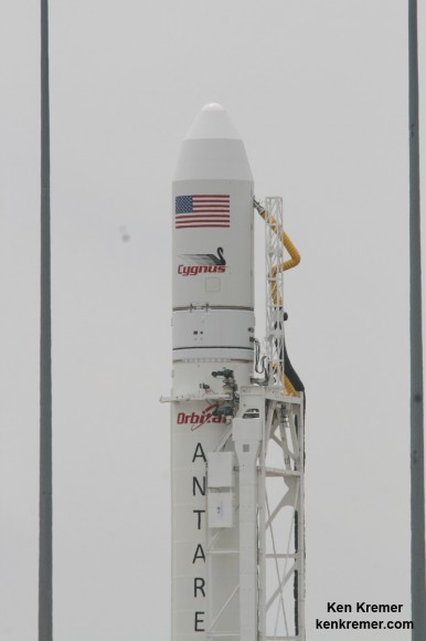 Close-up view of Cygnus spacecraft atop Antares rocket on Orb 2 mission launching on July 13, 2014 from Launch Pad 0A at NASA Wallops Flight Facility Facility, VA. Credit: Ken Kremer - kenkremer.com
