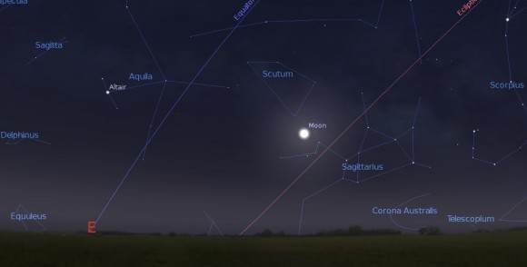 Moon rise on the evening of July 11th, 2014 as seen from latitude 30 degrees north. Credit: Stellarium.