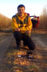 Russian amateur astronomer Nikolai Kruglikov discovered the first fragment of Annama meteorite on May 29, 2014 in the middle of a dirt road. Credit: Tomas Kohout