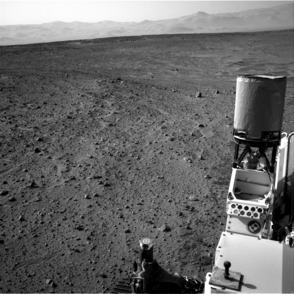 An image of distant mountains taken by Curiosity's navcam on July 11, 2014, Sol 685 of the mission. The rover is in Gale Crater (near the equator of Mars) making a trek to Mount Sharp (the unofficial name for Aeolis Mons). Credit: NASA/JPL-Caltech