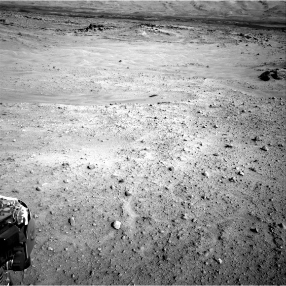 Martian dunes dominate the scene in this picture taken by the Curiosity rover's navcam on July 11, 2014 (Sol 685). The rover is in Gale Crater, an equatorial region, on its way to Aeolis Mons (Mount Sharp). Credit: NASA/JPL-Caltech