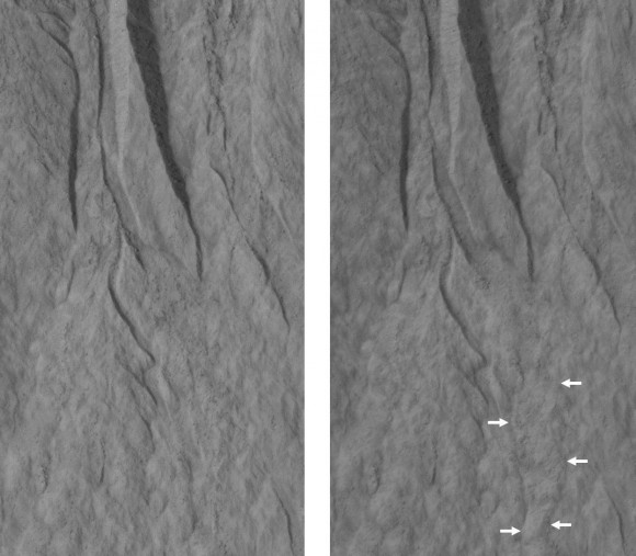 A 164-yard (150-meter) wide swath of Martian surface at 37.7 degrees south latitude, 192.9 degrees east longitude shows gullies changing between passes of the Mars Reconnaissance Orbiter. The earlier image, at left, was taken May 30, 2007. Near the arrows on the image on right, which was taken May 31, 2013, is a "rubbly flow" near the channel's mouth. Credit: NASA/JPL-Caltech/Univ. of Arizona