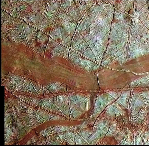 Europa's icy, cracked surface imaged by NASA's Galileo spacecraft Credit: NASA/JPL-Caltech/SETI Institute
