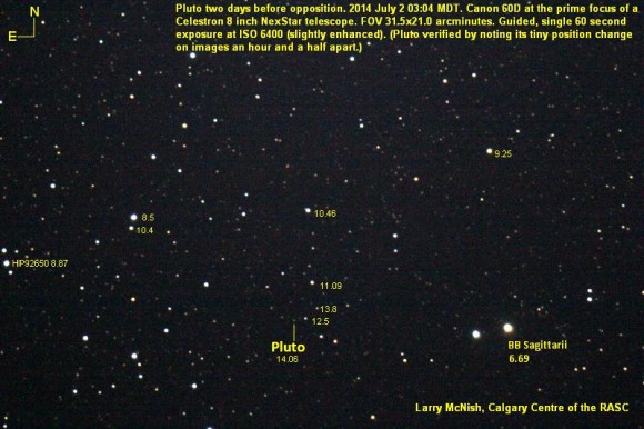 Pluto two days before opposition on July 2, 2014. Credit and copyright: Larry McNish, Calgary Centre of the Royal Astronomical Society of Canada.
