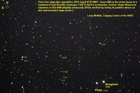 Pluto, four days after opposition on July 8, 2014. Credit and copyright: Larry McNish, Calgary Centre of the Royal Astronomical Society of Canada.