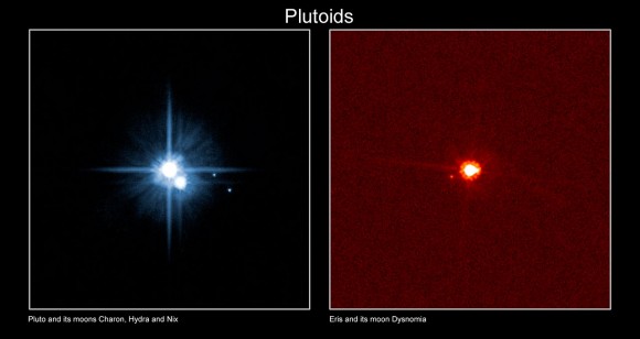 Pluto and moons Charon, Hydra and Nix (left) compared to the dwarf planet Eris and its moon Dysmonia (right). This picture was taken before Kerberos and Styx were discovered in 2011 and 2012, respectively. Credit: International Astronomical Union