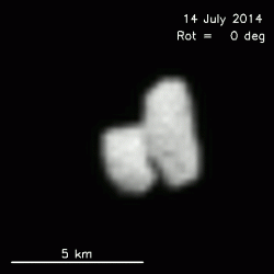 Comet 67P/Churyumov-Gerasimenko was imaged on 14 July 2014 by OSIRIS, Rosetta’s scientific imaging system, from a distance of approximately 12 000 km. This movie uses a sequence of 36 interpolated images each separated by 20 minutes, providing a 360° preview of the complex shape of the comet. (ESA)