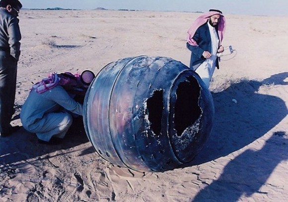 Jan 21, 2001, a Delta 2 third stage, known as a PAM-D, reentered the atmosphere over the Middle East. The titanium motor casing, weighing about 70 kg, landed in Saudi Arabia about 240 km from the capital of Riyadh. Credit: NASA, Orbital Debris Program Office