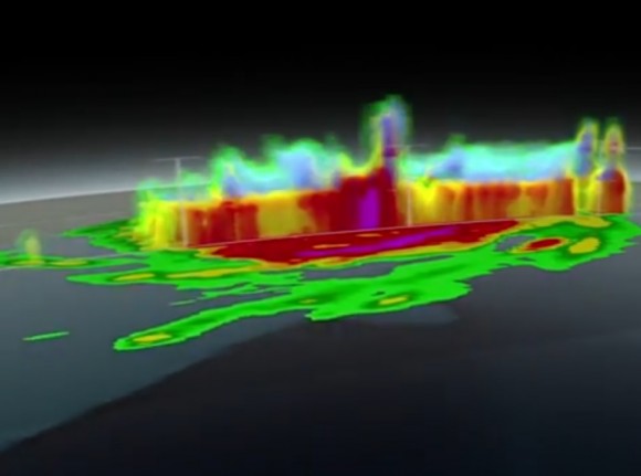 A 3-D view of Hurricane Arthur in July 2014, taken from instruments aboard the NASA-JAXA Global Precipitation Measurement (GPM) Core Observatory. Credit: NASA / YouTube (screenshot)