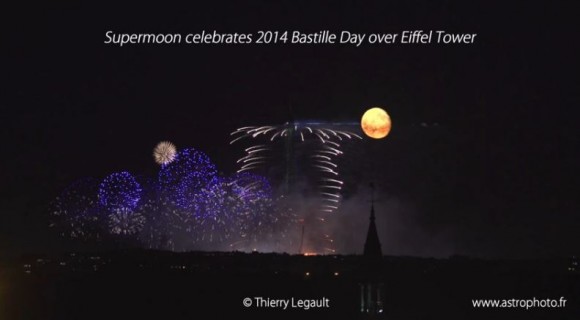 Screenshot from Thierry Legault's video of the Bastille Day fireworks from the Eiffel Tower, July 14, 2014.