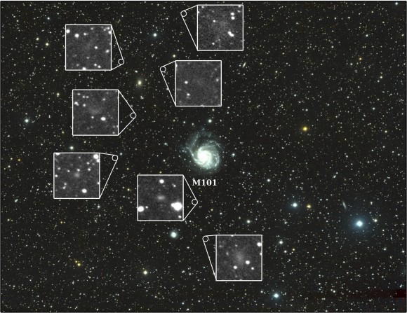 Seven new dwarf galaxies shine in the field of view surrounding M101, the Pinwheel Galaxy. Credit: Yale University