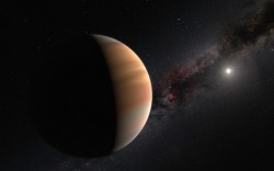 This artist’s view shows an extrasolar planet orbiting a star (the white spot in the right).