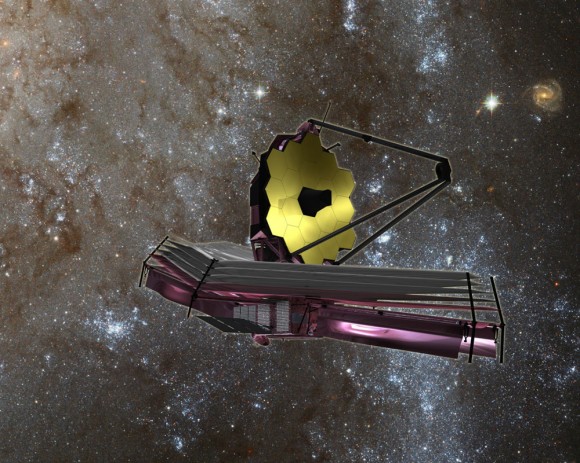 Artist’s concept of the James Webb Space Telescope (JWST) with Sunshield at bottom. Credit: NASA/ESA