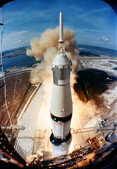 Launch of Apollo 11. On July 16, 1969, the huge, 363-feet tall Saturn V rocket launches on the Apollo 11 mission from Pad A, Launch Complex 39, Kennedy Space Center, at 9:32 a.m. EDT. Onboard the Apollo 11 spacecraft are astronauts Neil A. Armstrong, commander; Michael Collins, command module pilot; and Edwin E. Aldrin Jr., lunar module pilot. Apollo 11 was the United States' first lunar landing mission. While astronauts Armstrong and Aldrin descended in the Lunar Module "Eagle" to explore the Sea of Tranquility region of the moon, astronaut Collins remained with the Command and Service Modules "Columbia" in lunar orbit. Image credit: NASA
