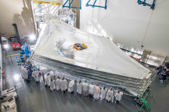 The sunshield test unit on NASA's James Webb Space Telescope is unfurled for the first time. Credit: NASA