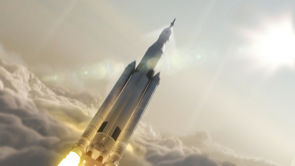 Artist concept of NASA's Space Launch System (SLS) 70-metric-ton configuration launching to space. SLS will be the most powerful rocket ever built for deep space missions, including to an asteroid and ultimately to Mars. Credit: NASA/MSFC
