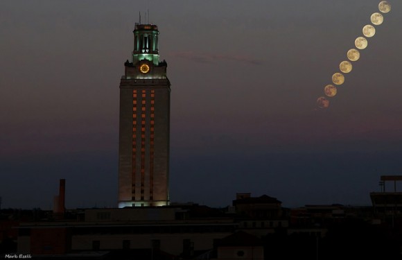 The July 2014 Supermoon rising over the University of Texas at Austin Tower. Credit: Mark Ezell, used with permission.