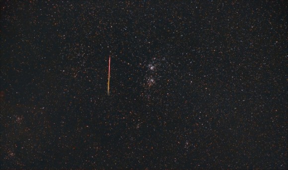 A double cluster and a Perseid meteor on August 13, 2014. This image is a composite of 24 or so 44 second images with the meteor brushed in from the single frame that captured it. Credit and copyright: Brian Who Is Called Brian on Flickr.